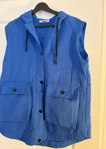 Düğmeli Mavi Keten Kadın Yelek - Görsel 4