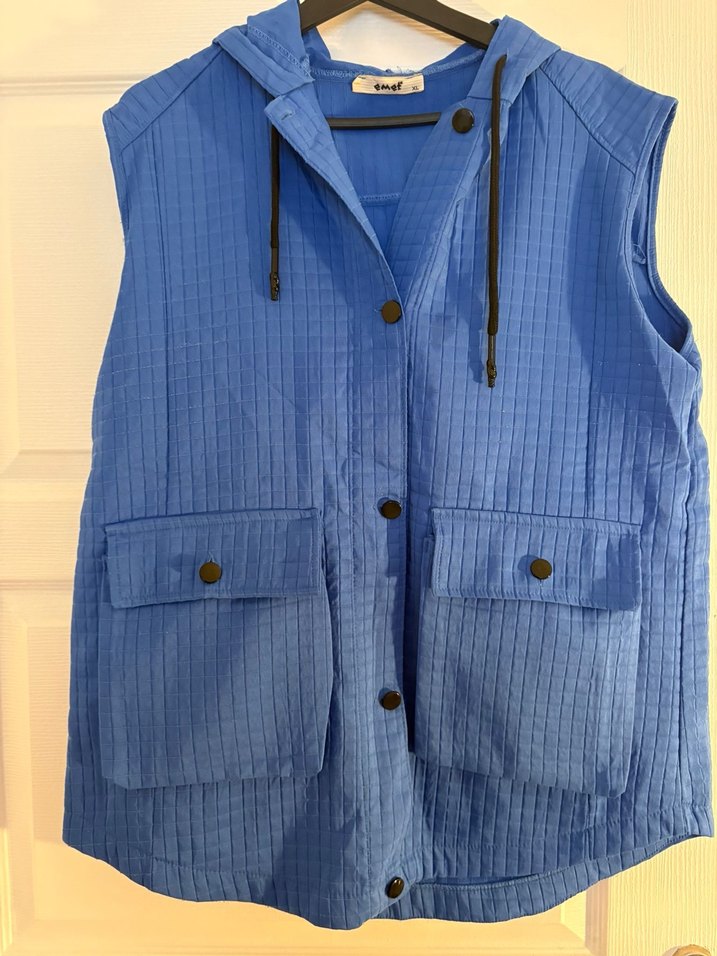 Düğmeli Mavi Keten Kadın Yelek - Görsel 3