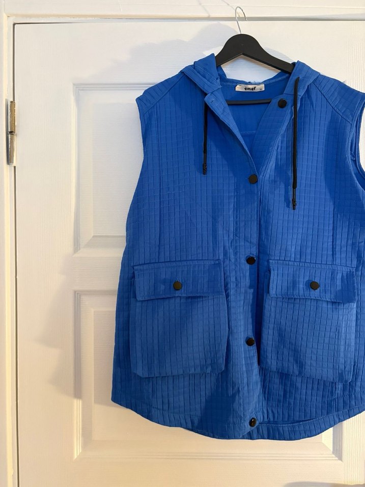 Düğmeli Mavi Keten Kadın Yelek - Görsel 2