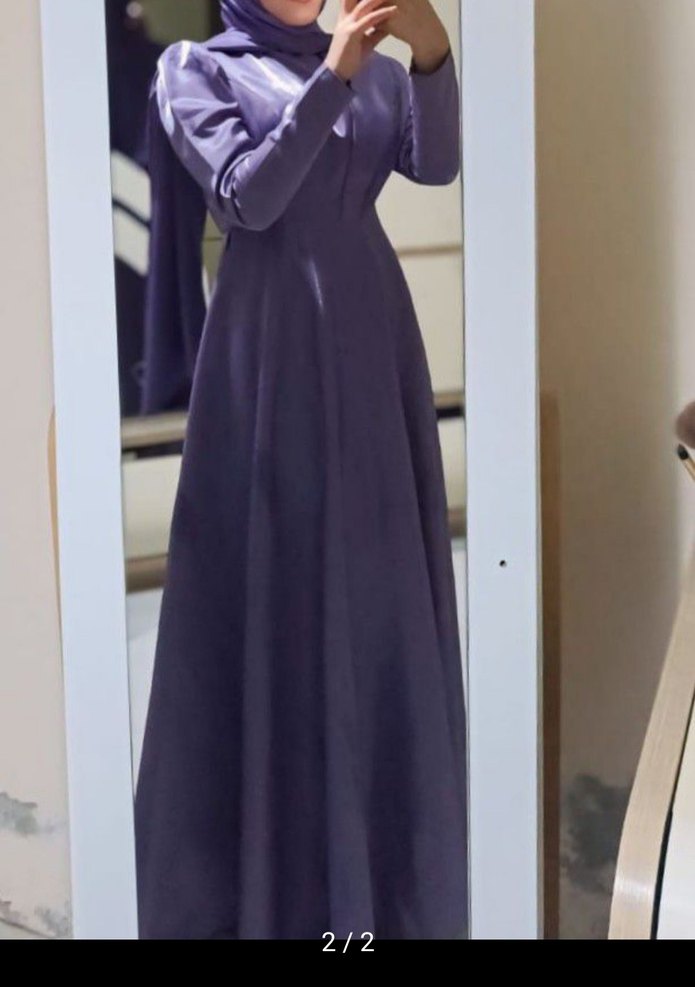 Uzun lila Yüksek Yakalı Kadın Abiye - Görsel 2
