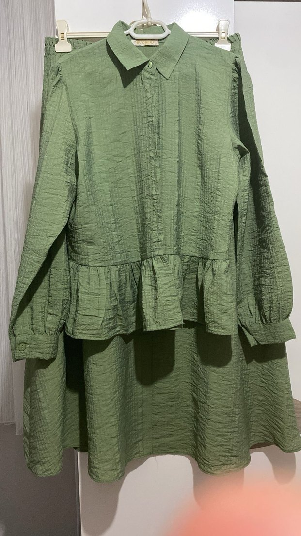 Kadın Haki Uzun Keten Pilili Tunik - Görsel 2