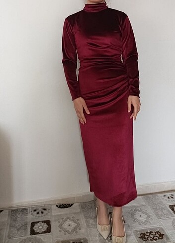 Drapeli kadife elbise - Görsel 3
