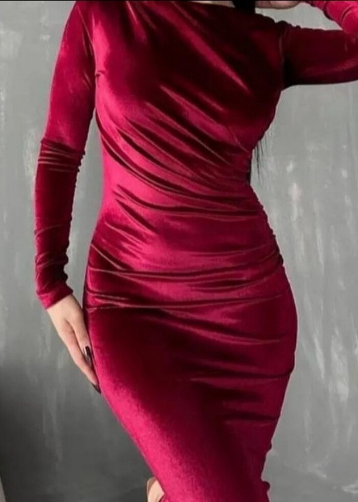 Drapeli kadife elbise - Görsel 4