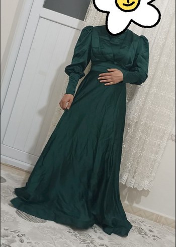 Yeşil Uzun Kollu Drapeli Abiye Elbise - Görsel 2