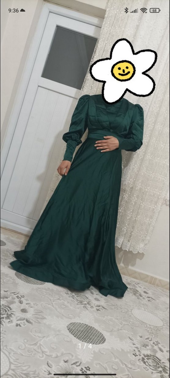 Yeşil Uzun Kollu Drapeli Abiye Elbise - Görsel 2