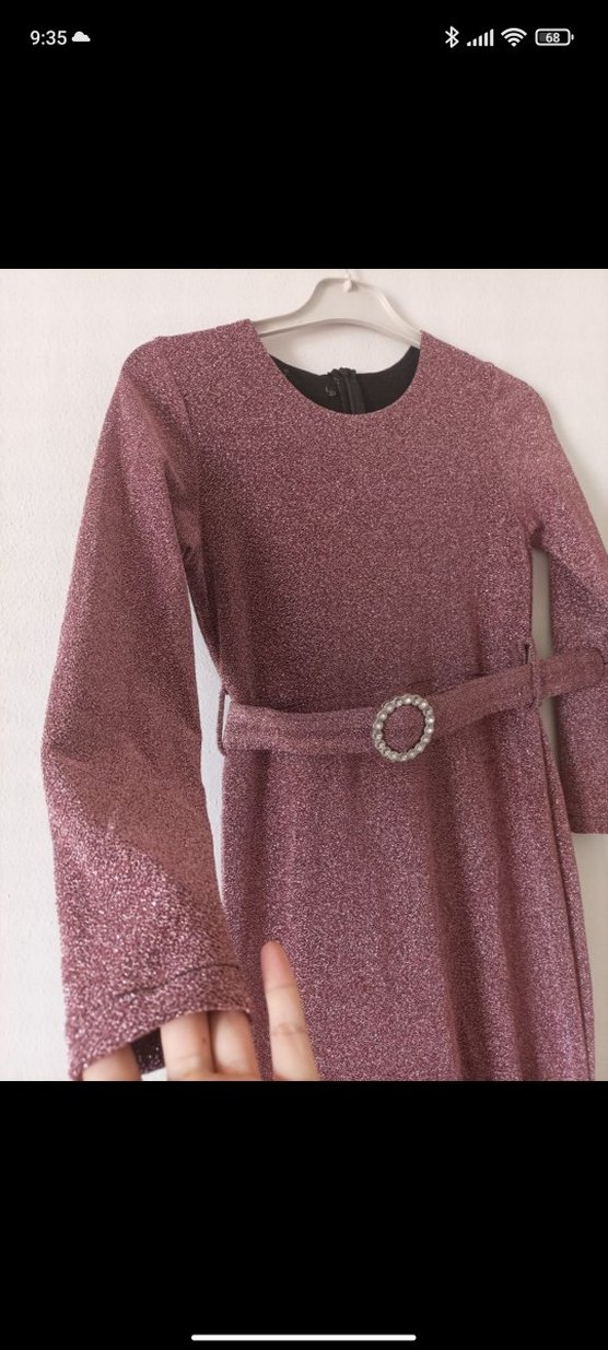 Bordo Uzun Kollu Drapeli Abiye Elbise - Görsel 3