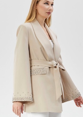 Kemerli Bej Kısa Kadın Blazer Ceket - Görsel 2