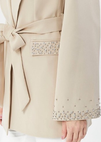 Kemerli Bej Kısa Kadın Blazer Ceket - Görsel 3