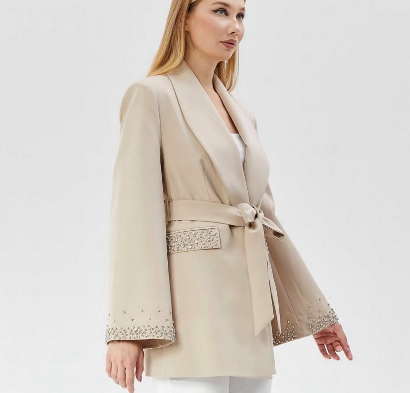 Kemerli Bej Kısa Kadın Blazer Ceket - Görsel 2