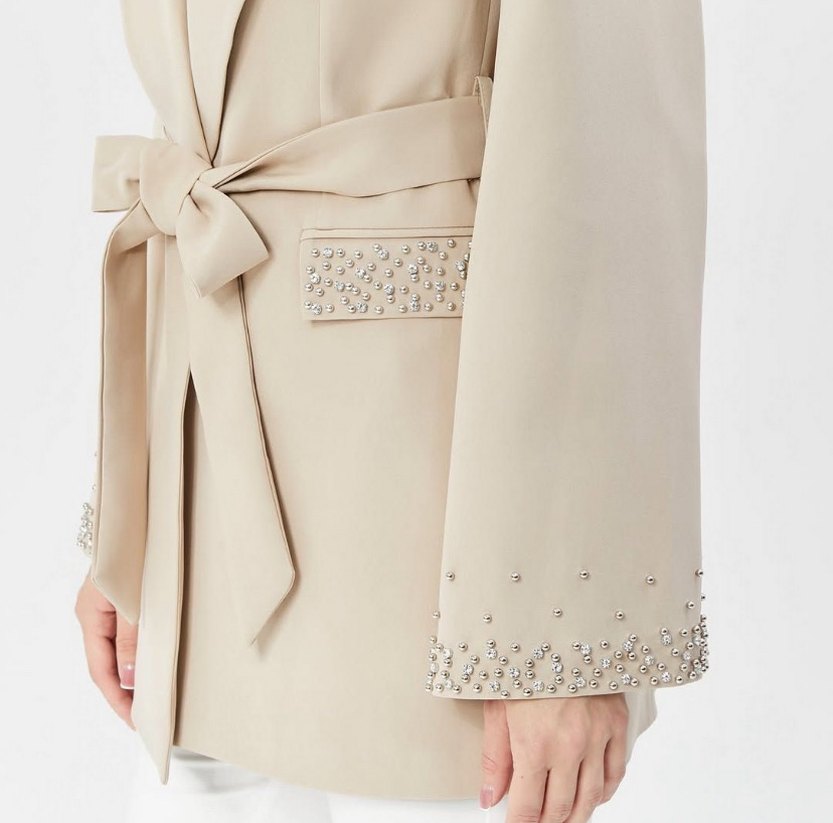 Kemerli Bej Kısa Kadın Blazer Ceket - Görsel 3