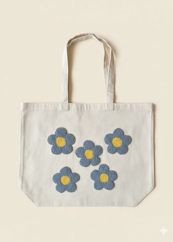 mavi papatyalı punch nakışlı bez çanta - Görsel 2