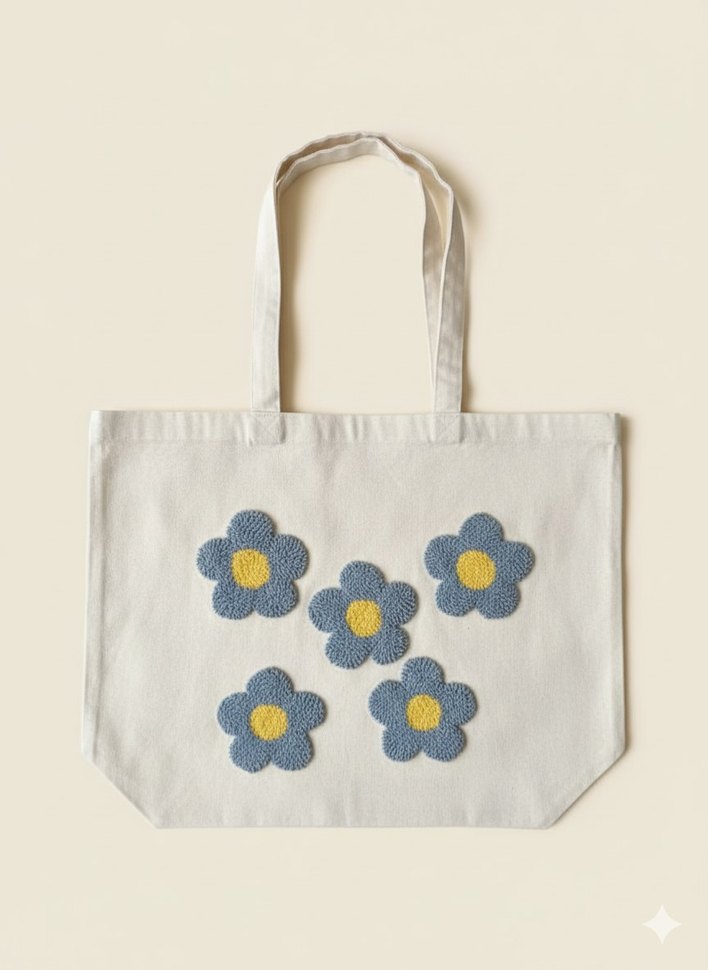 mavi papatyalı punch nakışlı bez çanta - Görsel 2