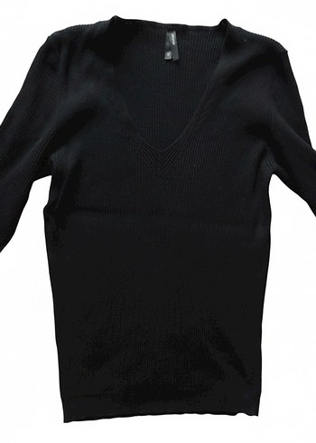 V Yaka Siyah Kadın fitilli basic Triko Kazak - Görsel 2