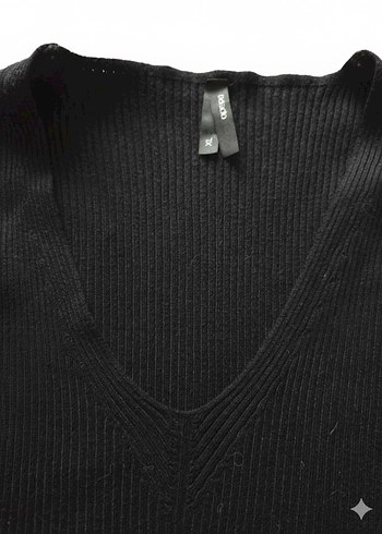 V Yaka Siyah Kadın fitilli basic Triko Kazak - Görsel 3