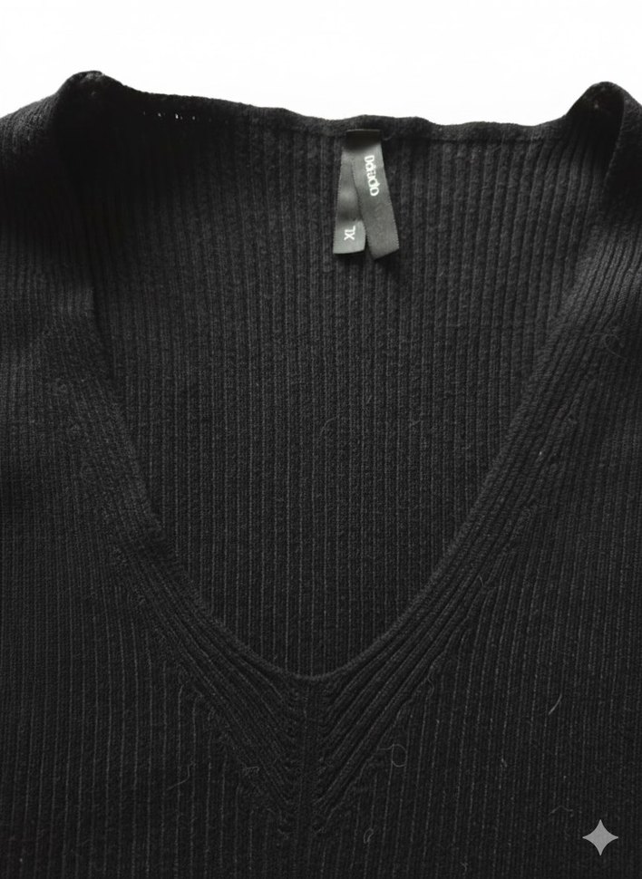 V Yaka Siyah Kadın fitilli basic Triko Kazak - Görsel 3