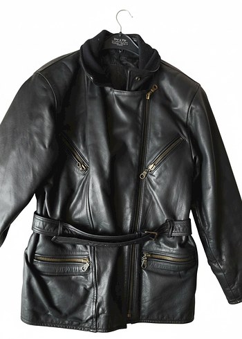 Düğmeli Siyah Deri Biker kadın Ceket kemerli fermuarlı - Görsel 3