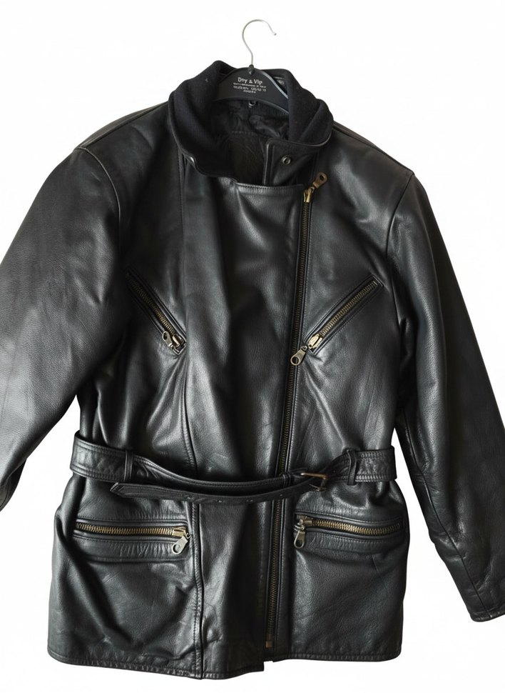 Düğmeli Siyah Deri Biker kadın Ceket kemerli fermuarlı - Görsel 3