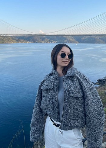 s Beden Gri Midi Triko Kadın Ceket