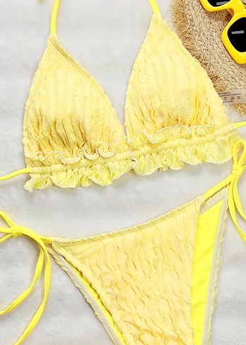 s Beden Sarı Piliseli Mini Bikini Üstü