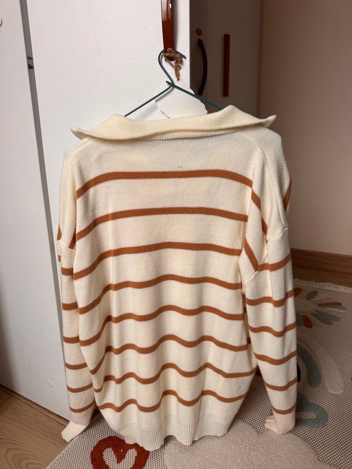Bej Çizgili Kadın Triko Kazak sweet - Görsel 3