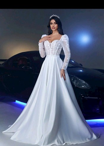 Uzun Kollu Beyaz Prenses Gelinlik - Görsel 6