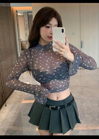 Gri Puantiyeli Transparan Mini Bluz - Görsel 7