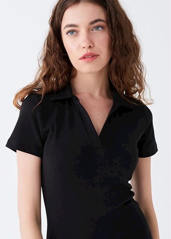 Siyah V Yaka Mini Kısa Kollu Elbise - Görsel 2