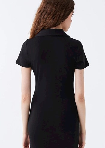 Siyah V Yaka Mini Kısa Kollu Elbise - Görsel 3