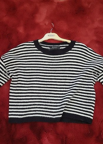 Siyah Beyaz Çizgili Örgü Kadın Kazak - Görsel 2