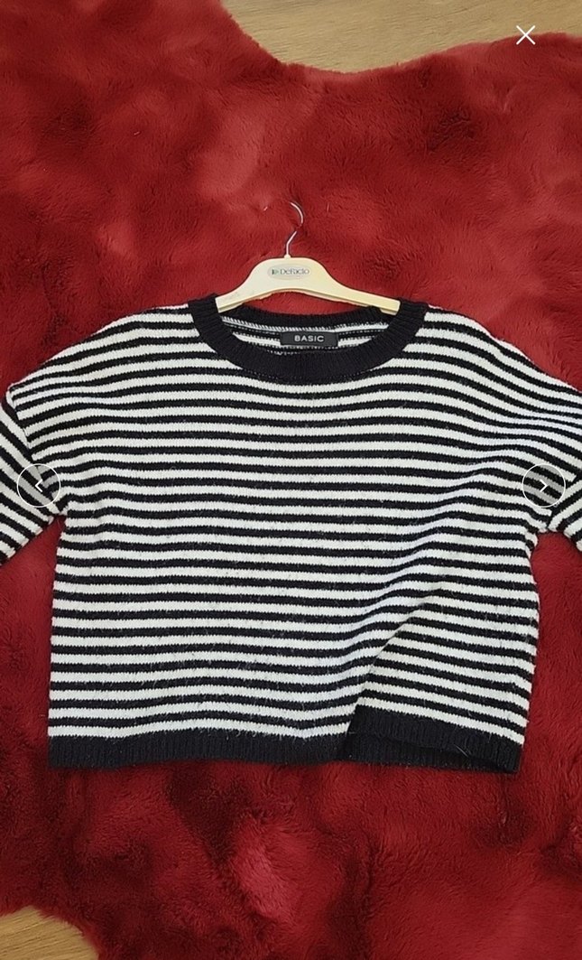 Siyah Beyaz Çizgili Örgü Kadın Kazak - Görsel 2