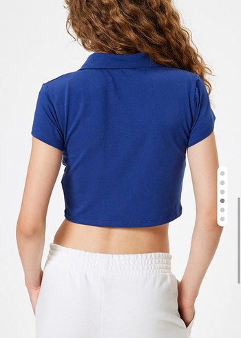Mavi Polo Yaka Kısa Kollu Kadın Tişört - Görsel 4