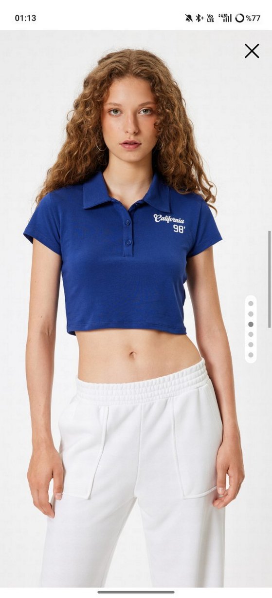 Mavi Polo Yaka Kısa Kollu Kadın Tişört - Görsel 3