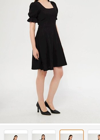 Kare Yaka Siyah Midi Mini Elbise - Görsel 3