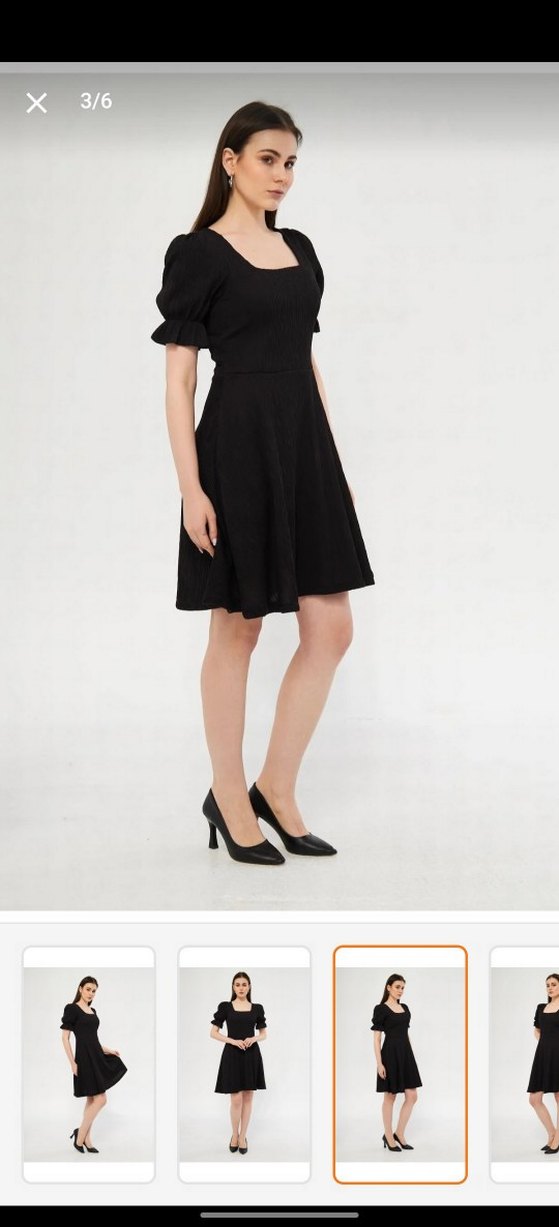 Kare Yaka Siyah Midi Mini Elbise - Görsel 3