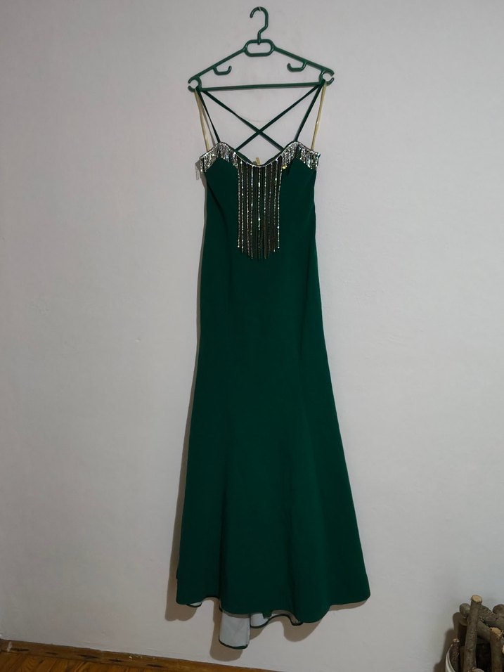 Zincir Detaylı Yeşil Uzun Abiye Elbise - Görsel 2