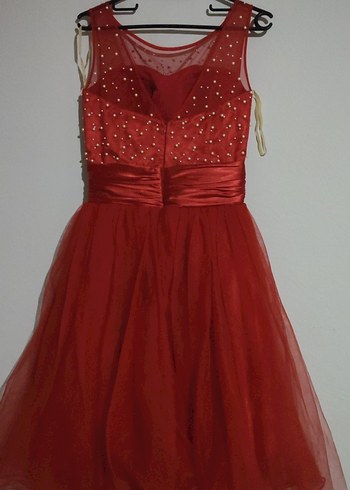 Kırmızı Midi Parlak Abiye Elbise - Görsel 3