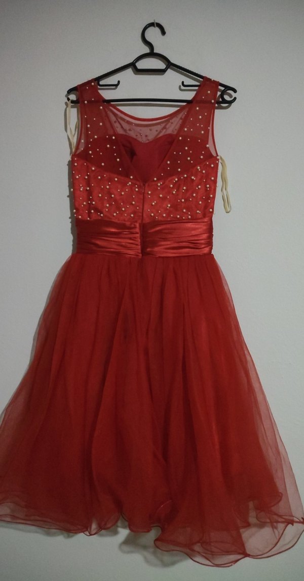 Kırmızı Midi Parlak Abiye Elbise - Görsel 3