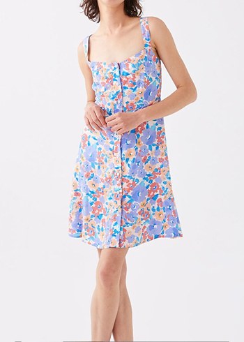 Pastel Renkli Düğmeli Midi Elbise - Görsel 3