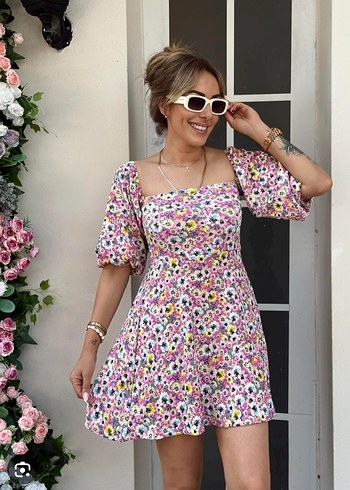 Pembe Çiçek Desenli Mini Elbise - Görsel 2