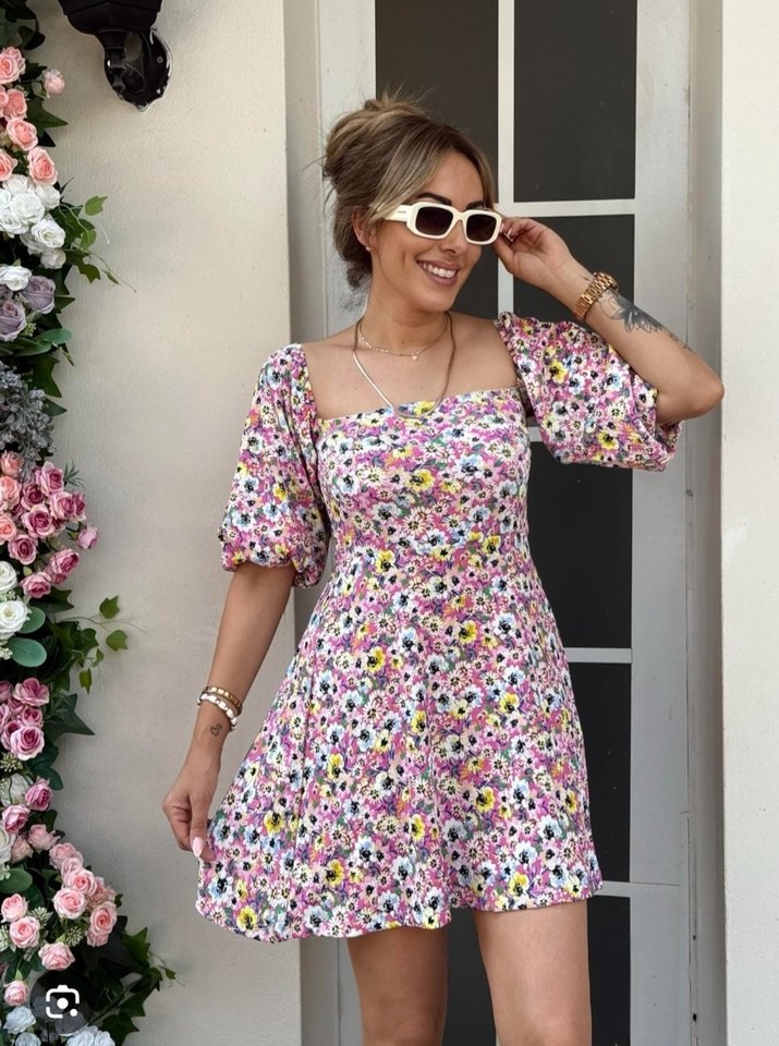 Pembe Çiçek Desenli Mini Elbise - Görsel 2