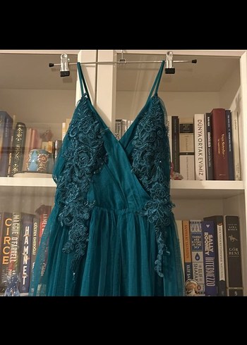 İnce Askılı Nakışlı Turkuaz Uzun Abiye Elbise - Görsel 2