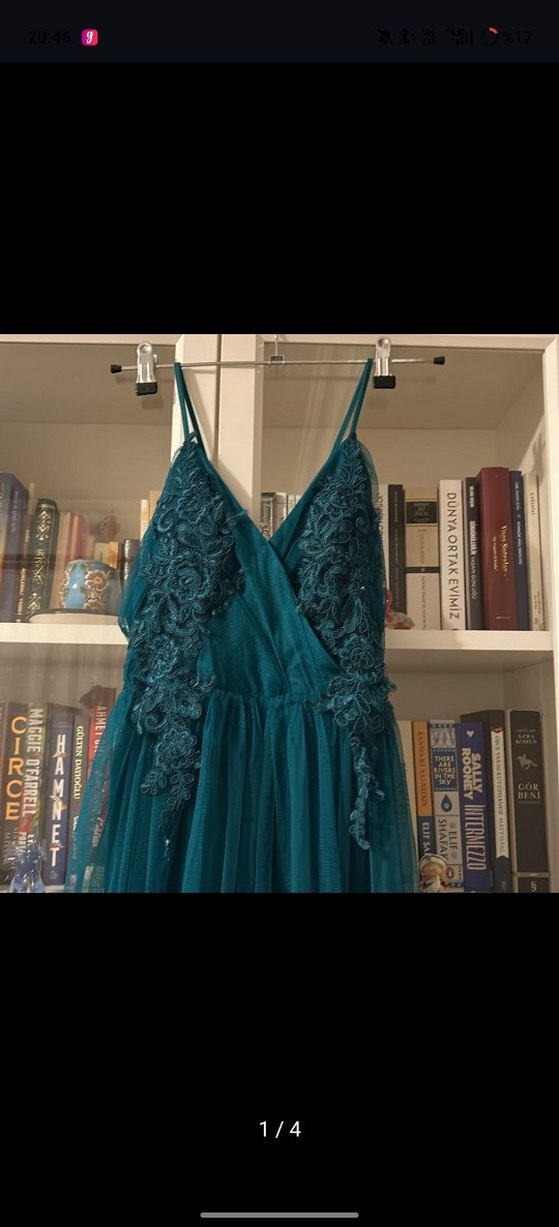 İnce Askılı Nakışlı Turkuaz Uzun Abiye Elbise - Görsel 2