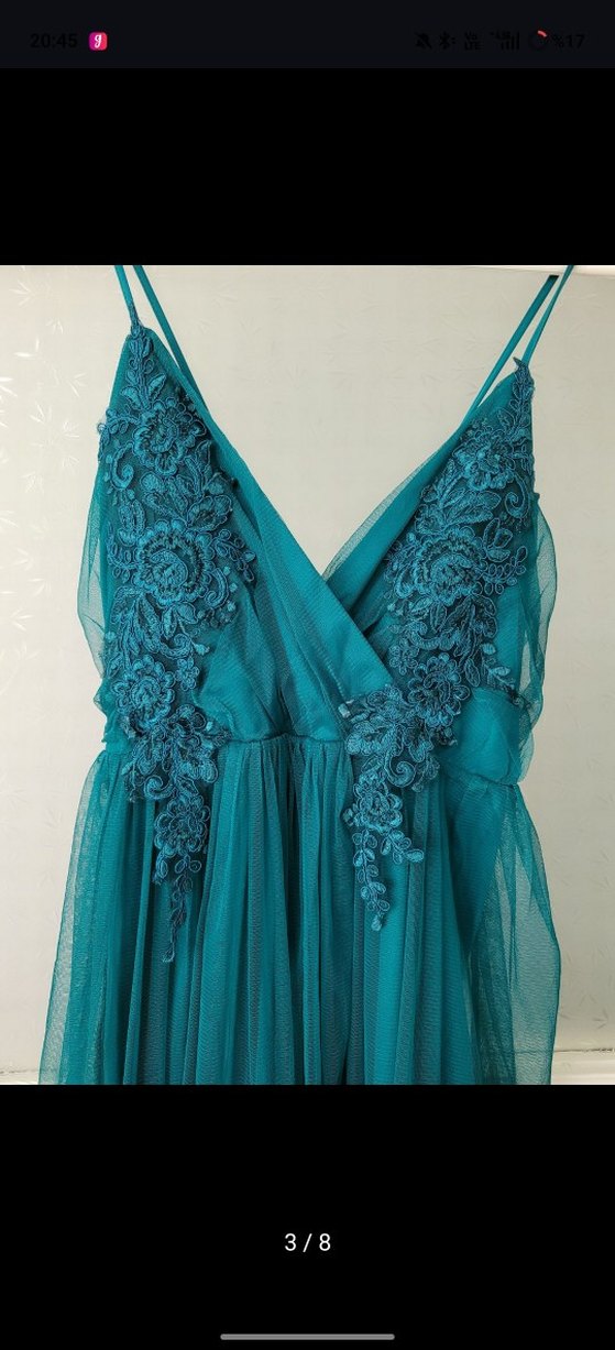 İnce Askılı Nakışlı Turkuaz Uzun Abiye Elbise - Görsel 4