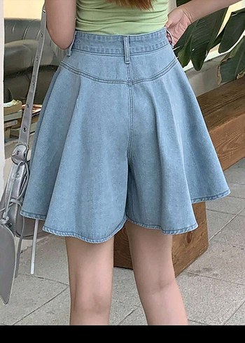 Kadın Mavi Denim Kloş Mini Şort Etek - Görsel 5