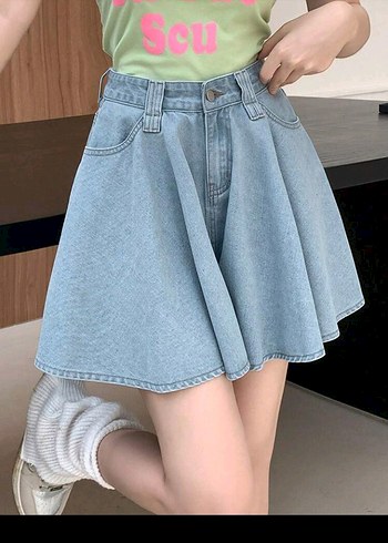 Kadın Mavi Denim Kloş Mini Şort Etek - Görsel 6