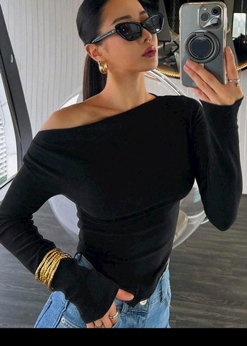 Siyah Denim Kayık Yaka Uzun Kollu Bluz