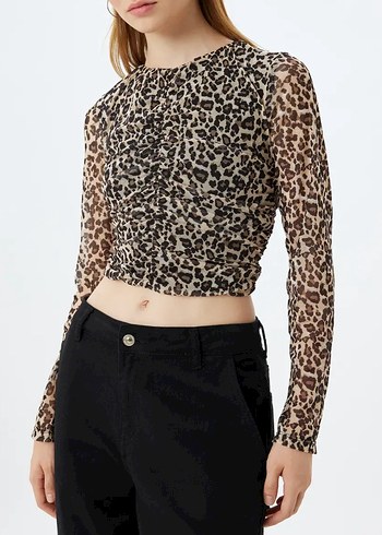 Kahverengi Leopar Desenli Uzun Kollu Bluz - Görsel 2