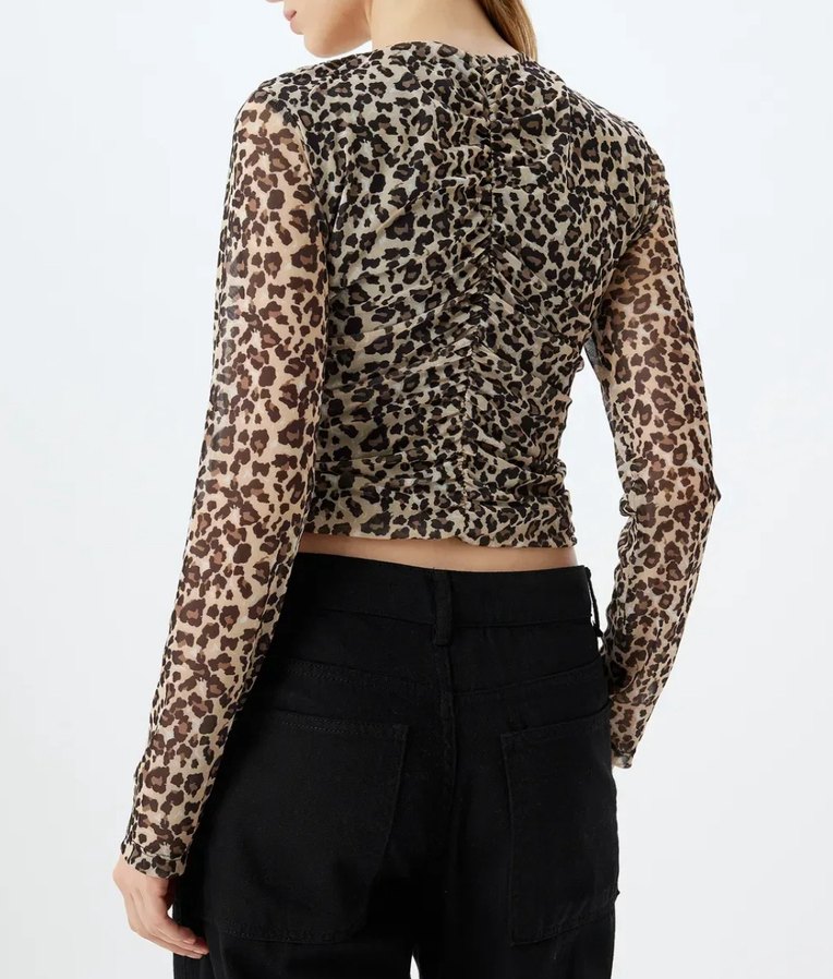 Kahverengi Leopar Desenli Uzun Kollu Bluz - Görsel 3