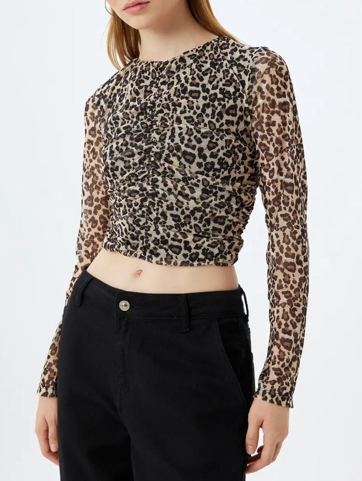 Kahverengi Leopar Desenli Uzun Kollu Bluz - Görsel 2