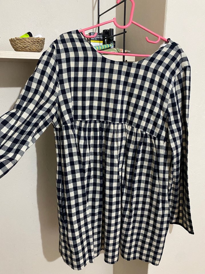 Ekoseli Pamuklu Hamile Bluzu, Uzun Kollu, Midi - Görsel 2